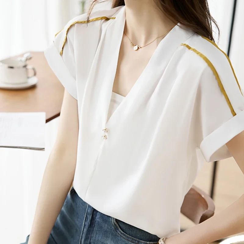 Cardigan Chiffon Shirts Blouses 2024 New Short Sleeve Loose Tops for Women Summer V-neck Solid Color Shirt Clothes Blusas 27913