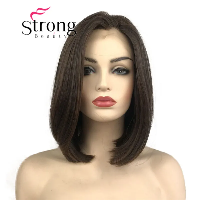 

StrongBeauty Коричневый парик фронта шнурка Короткий боб Прямые синтетические парики шнурка термостойкие