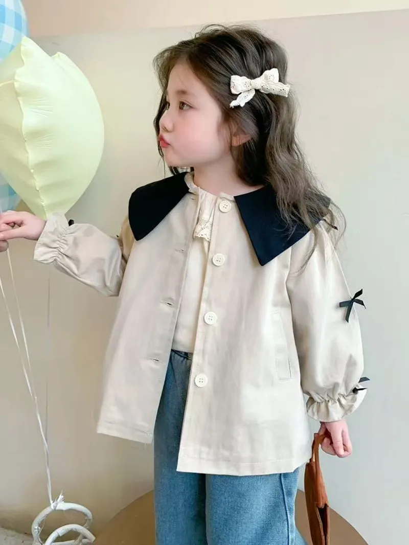 

Girls' Trench Coat Spring and Autumn New Style Western-style Children's Bow Baby Girl's Lapel Top Jacket Trendy