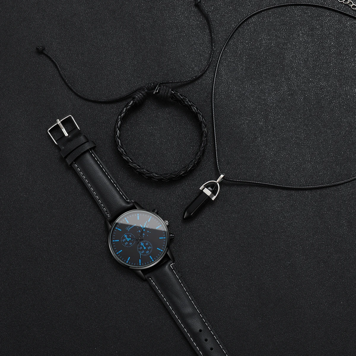 3pcs/set Men's Watch Casual Fashion Trendy Scale Dial Simple Classic Quartz Watch+Hand Rope+Necklace (Box Not Included)