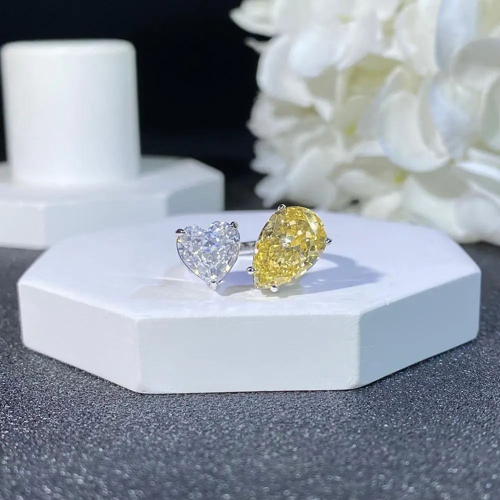 

S925 Sterling Silver High Carbon Diamond Ice Cut Yellow Gold Open Ring Fashion Heart Design for Women