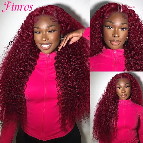 Finros 99J Borgoña 13x6 Hd pelucas frontales de encaje de onda profunda para mujeres onda de agua 13x4 pelucas de cabello humano rizado transparente prearrancado