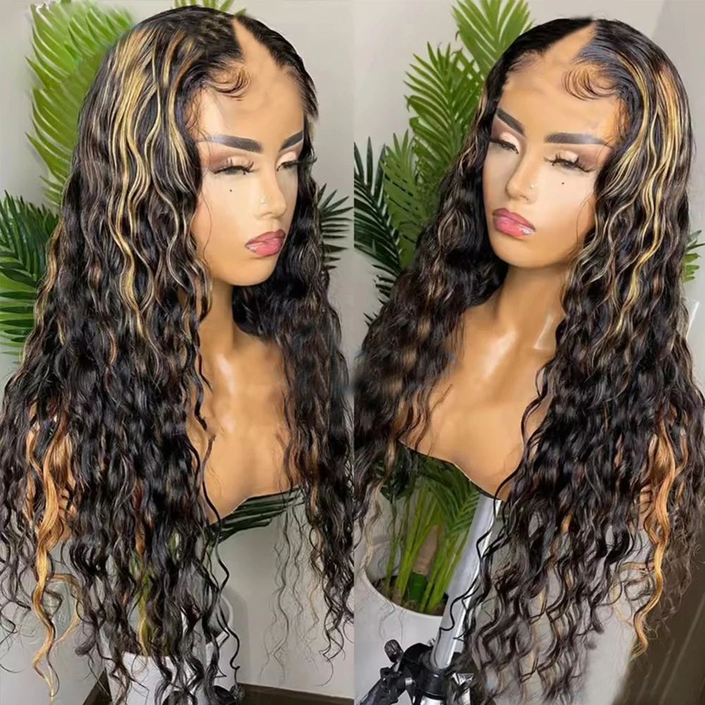 

Black Women Highlight Golden Brown Human Hair Curly 1x4 Opening V Part Wigs Easy Wear Glueless 1x4 Size U Part Wigs Natural Hair