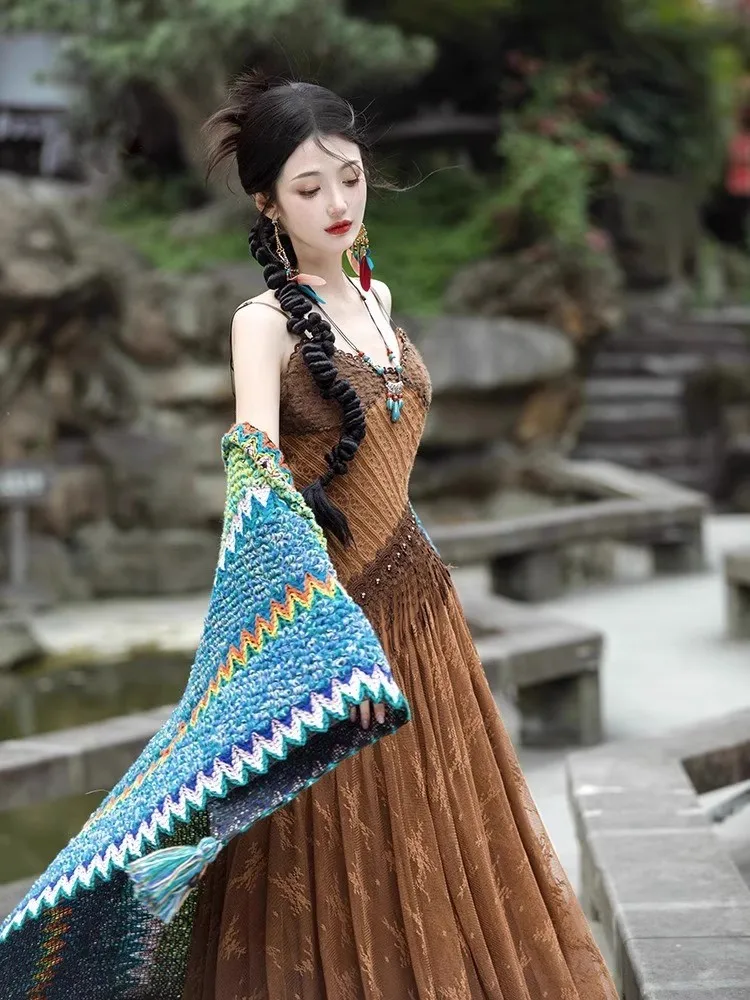 Bohemian Ethnic Sle Sling Dress Women Summer Yunnan Thailand Sanya Seaside Vacation Beach Long Skirt