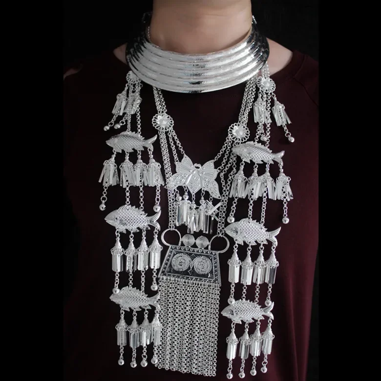 Hmong Necklace Miao Dance Chinese Folk Style Festival Accessories Collier Miao Silver Hmong Jewelry