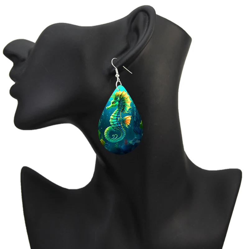 SOMESOOR-pendientes de madera con estampado de Animal marino, aretes en forma de lágrima, diseño de estrella de mar, Tortuga, caballito de mar,