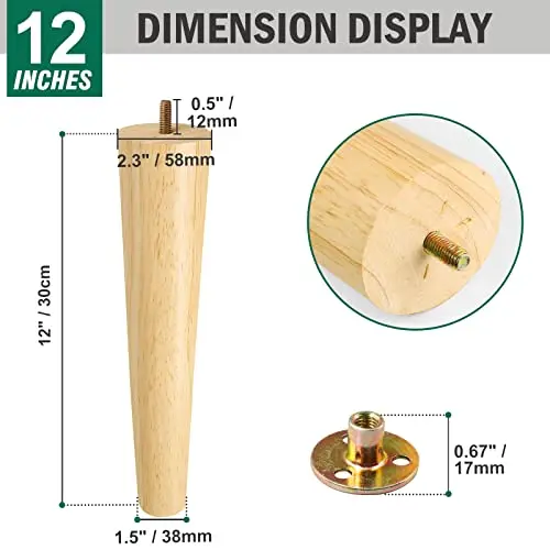 

12 Inch Rubberwood Tapered Furniture Legs Set Of 4, 5/16 UNC Thread, For Sofa Cabinet Chair Table