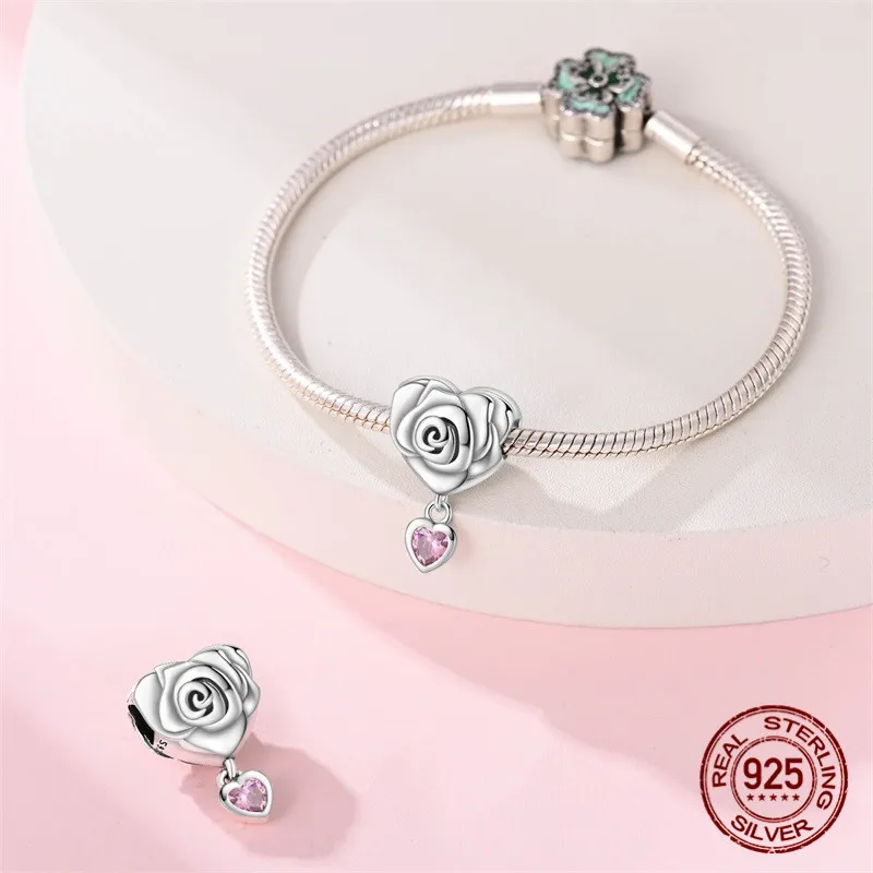 خرز على شكل زهرة من الفضة الإسترليني عيار 925 مرصع بالزركون مع سوار أصلي هدية مجوهرات نسائية ذاتية الصنع