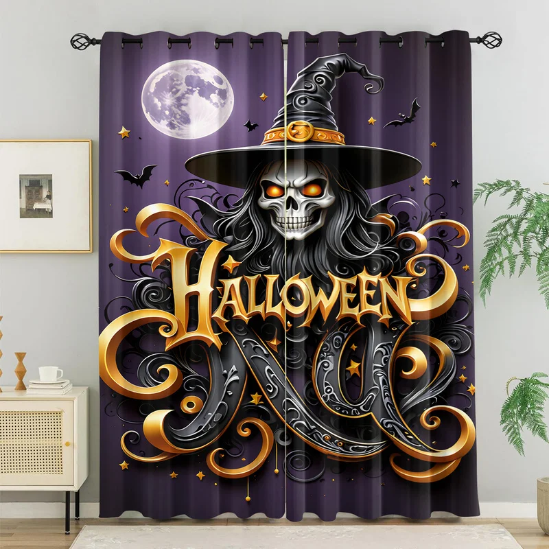 Happy Halloween Print Curtain Cozy Castle Pumpkin Skeleton Spider Window Drapes Fashion Curtains Bedroom Home Decor Holiday Gift