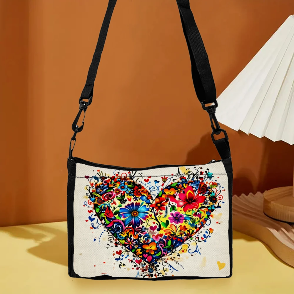 Floral Heart Design Crossbody Bag Cream Color Vibrant Flowers And Swirls Pattern Shoulder Bags For Women Casual Daily Use Travel