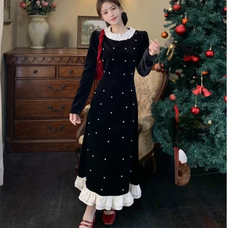 

Spring Fall Women Vintage Patchwork Pearls Black Long Velvet Dress , Woman Clothing Slim Velour Dresses