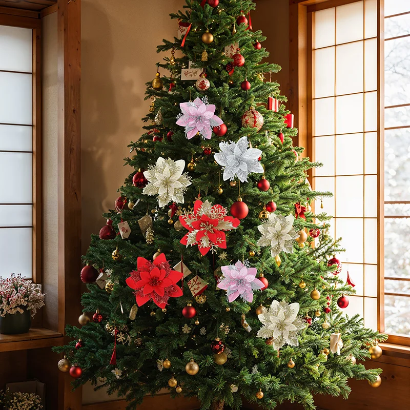 

5/10PCS 12.5CM Glitter Artificial Christmas Flowers Festival Xmas Tree Decoration Navidad Christmas Party Home New Year Supplies
