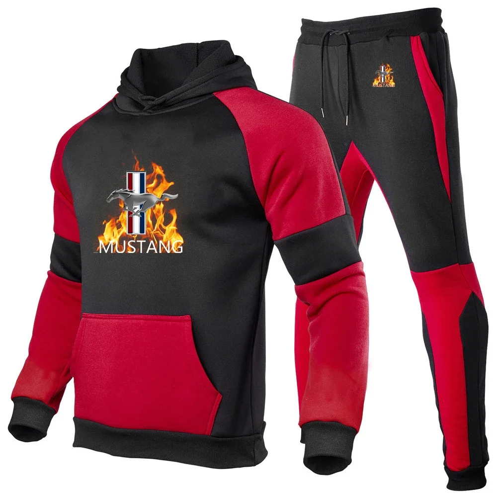 2024 Primavera Autunno Mens Mustang Logo Stampa Pullover Felpe Tuta + Pantaloni sportivi alla moda Set sportivo in cotone patchwork di alta qualità