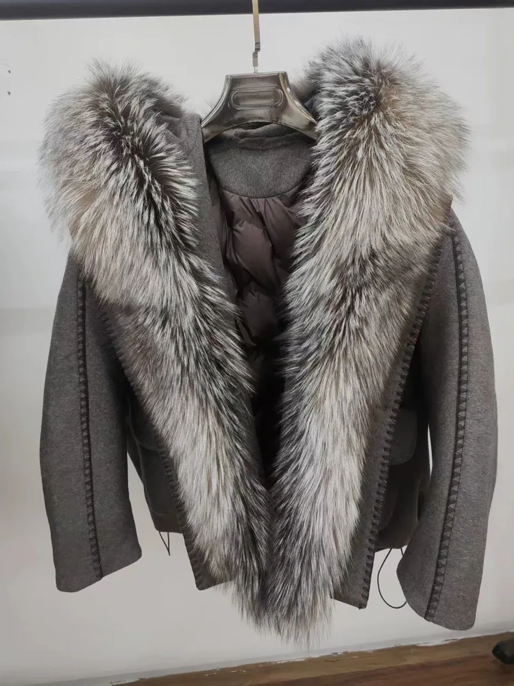 ONEXWEN Luxury Fur Collar Hooded Women Winter Down Jacket Gray Wool Blend Short Parka Oversized Loose Warm Thick Outerwear RU80