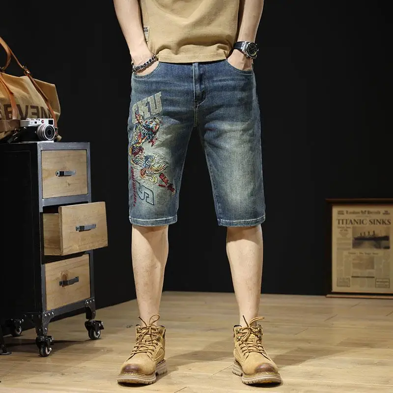 

Short Jeans Pants for Men Slim Straight Skinny Ripped Embroidery Man Denim Shorts Blue Thin Buttons Summer Sale Harajuku Popular