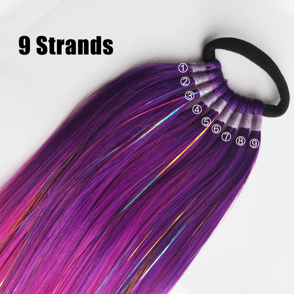 Extensión de Cola de Caballo con Tinsel Púrpura, Rojo y Rosa con Liga para Niñas, Cabello Loco para Fiestas 3