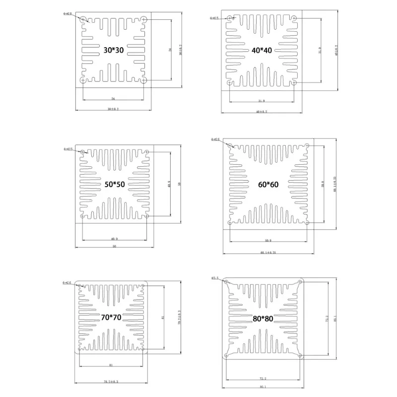 30x30mm to 80x80mm Multiple Sizes High Power Wind Tunnel Aluminum Heat Sink