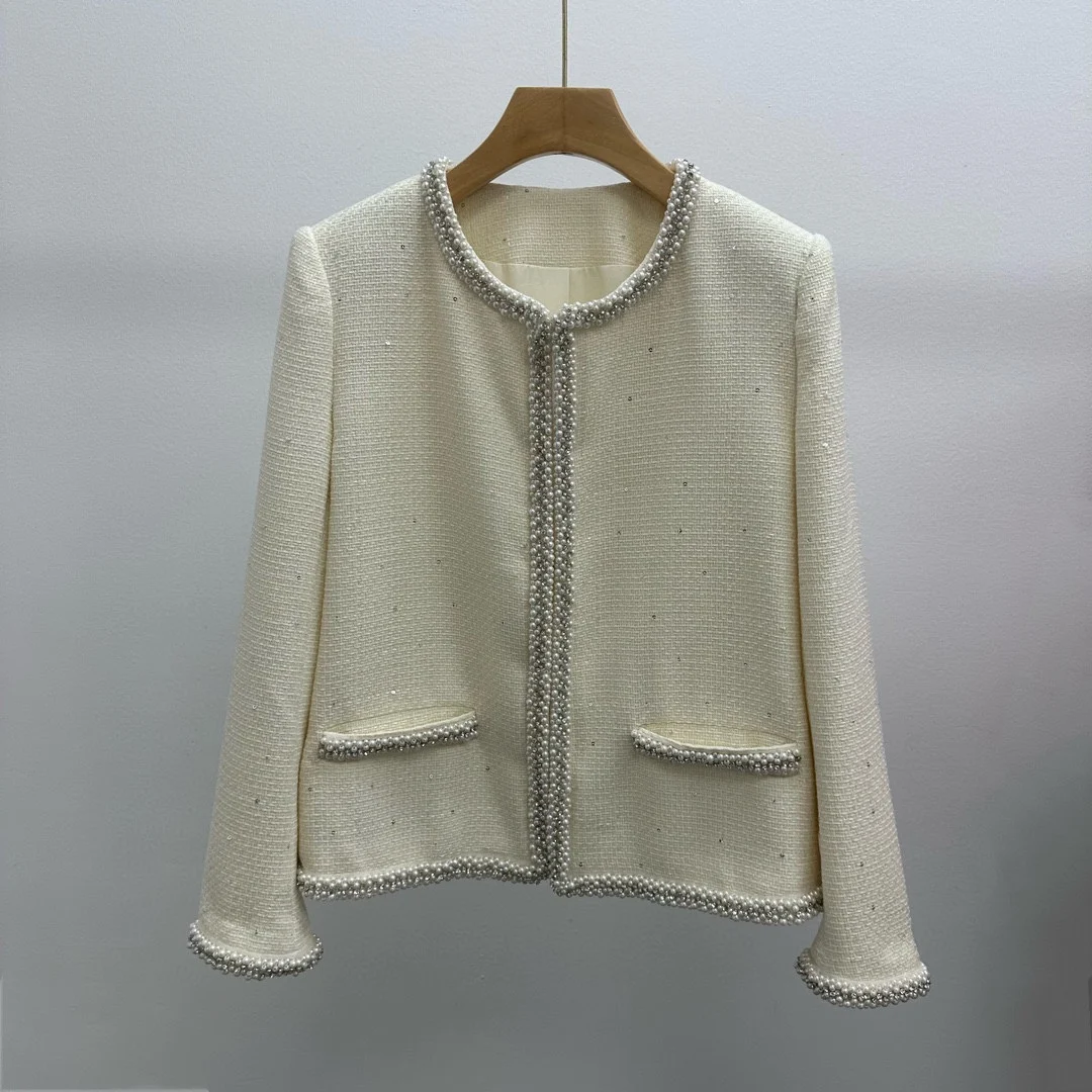 Women's ClothingNew jacket for early spring, imported wool sequin fabric, handmade diamond and pearl decoration design