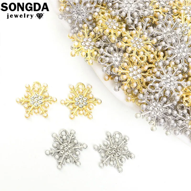 10pcs Crystal Snowflake Charms Fashion Rhinestone Pearl Christmas Series Snow Pendants Earrings Necklaces Jewelry Accessories