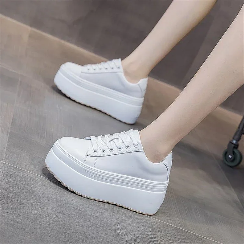 Women\'s Sneakers 8CM Thick Bottom Ladies Flats Casual Platform Flat Shoes Lace Up Leather Creppers Girls Lolita Shoes Mary Janes