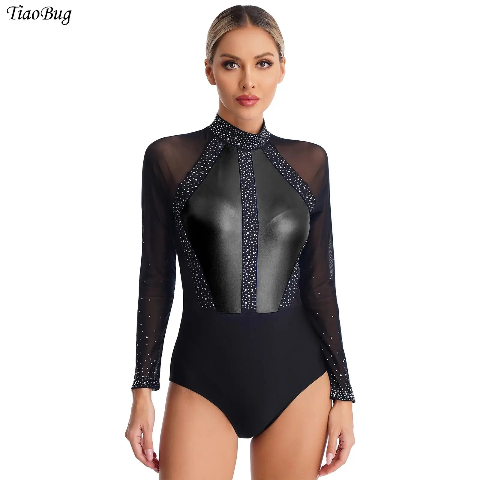 

Womens Shiny Rhinestones Leotard Gymnastics Dance Figure Skating Dancewear Color Block Patchwork Sheer Mesh Long Sleeve Bodysuit