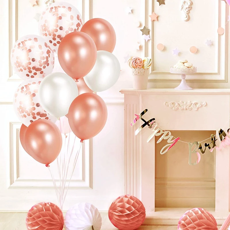 NEW-70PCS Rose Gold Balloons Set With Ribbons,12 Inch Latex Confetti Balloons For Birthday Party Wedding Anniversary