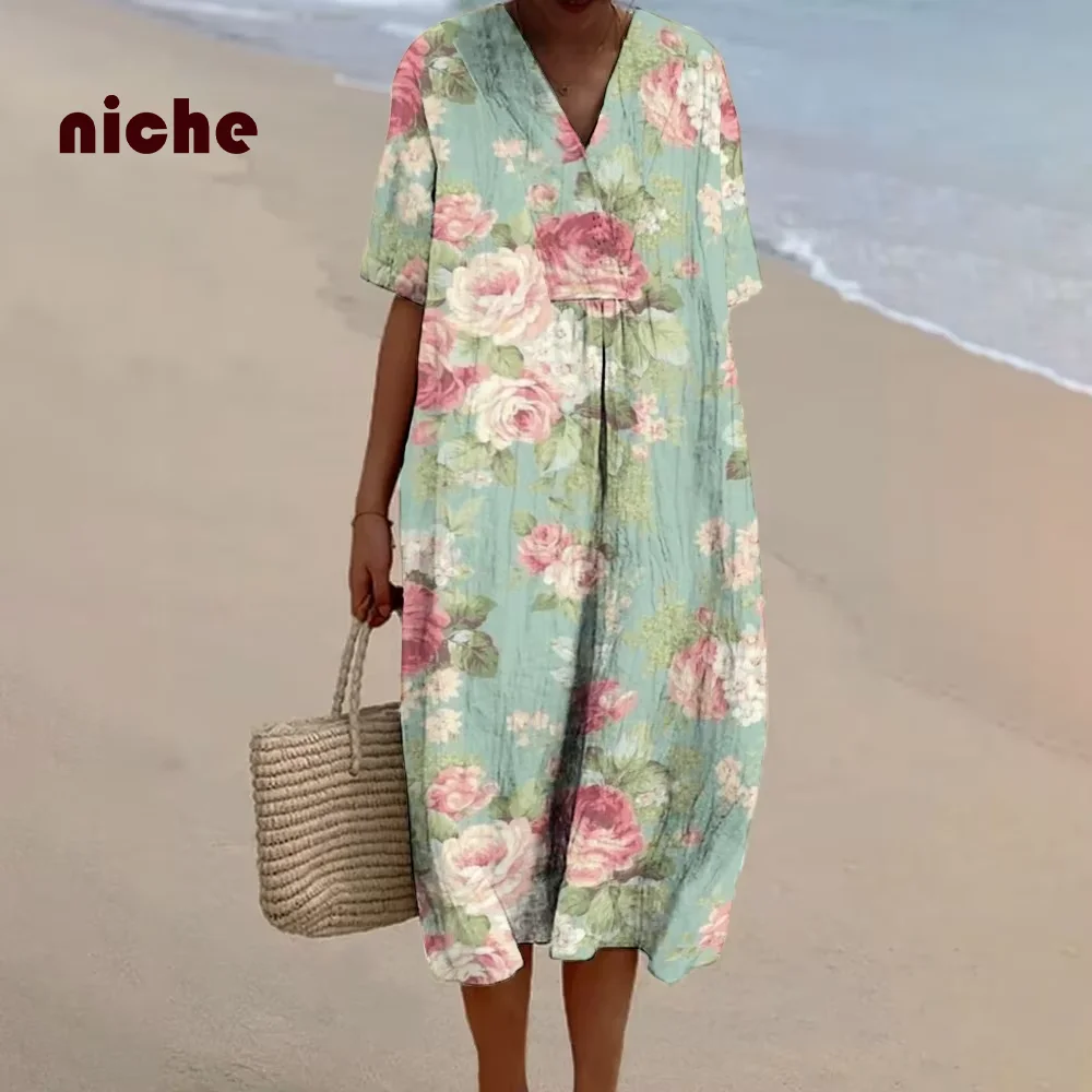 Katoenen En Linnen Hoge Kwaliteit Damesjurk Fris En Elegant Bloem Grafische Print Losse Retro Designer Nieuwe Trend Strandjurk