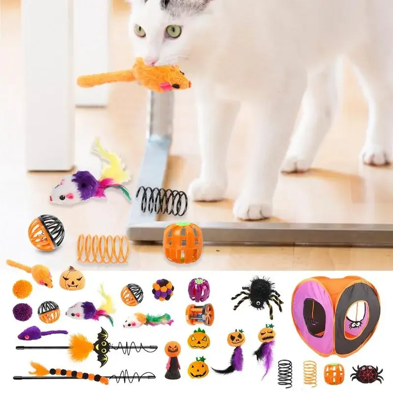 Kitten Starter Kit Bundle Interactive Cat Play Tunnel Toy Set Halloween Cat Feather Wand Ball Spring Mice Toys Folding Square