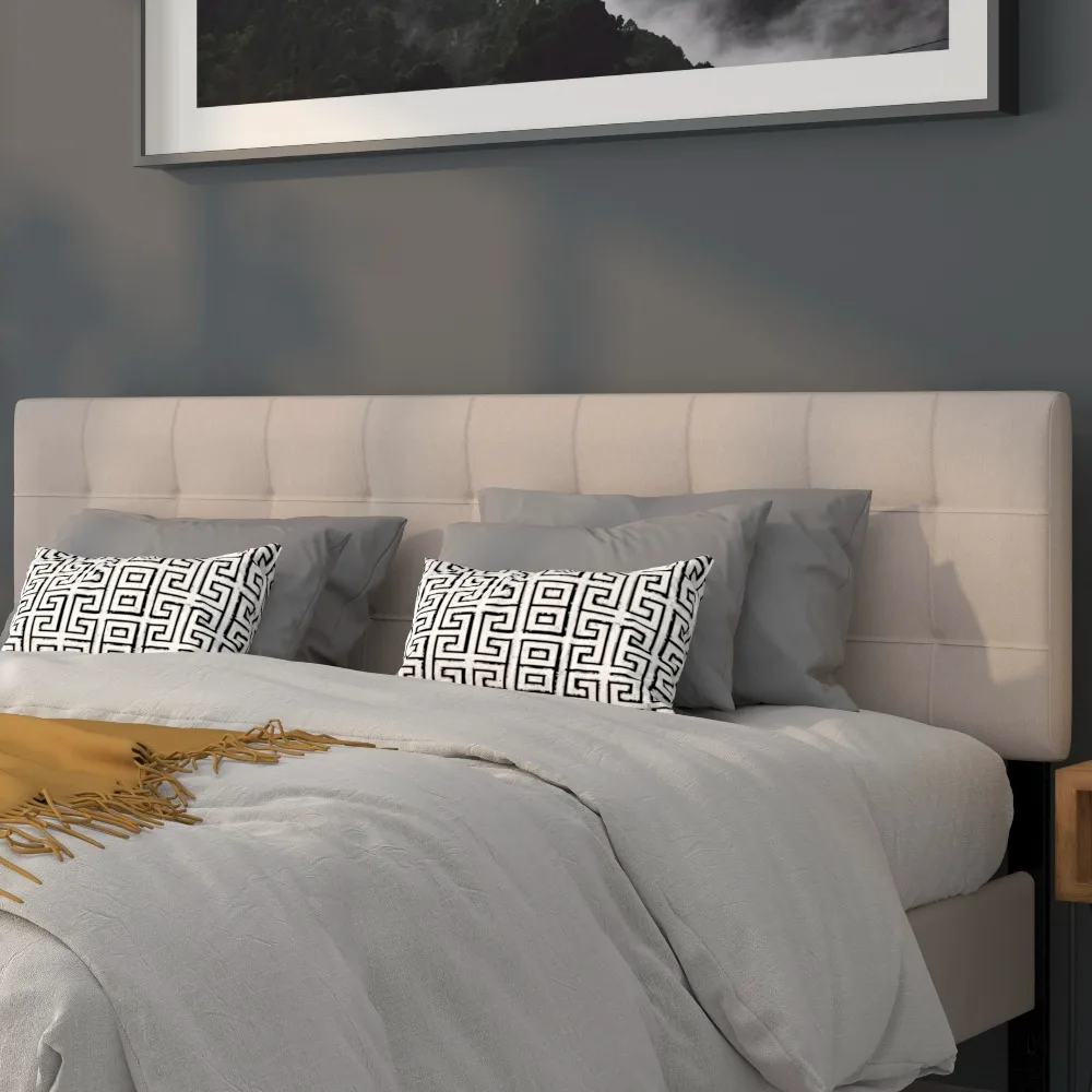 Beige King Quilted Tufted Headboard Adjustable Bed Rail Slots, Fabric Upholstered