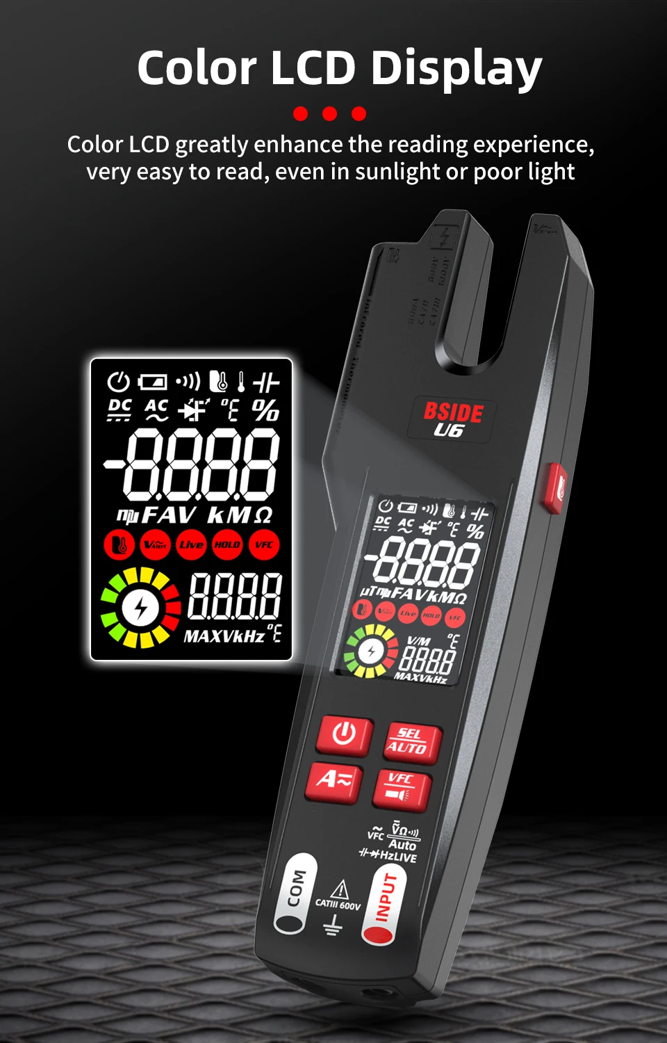 Hot! BSIDE U6 Professional Digital Clamp Meter 600A AC DC Pliers Ammeter Infrared Detection Voltmeter Electrical Tester