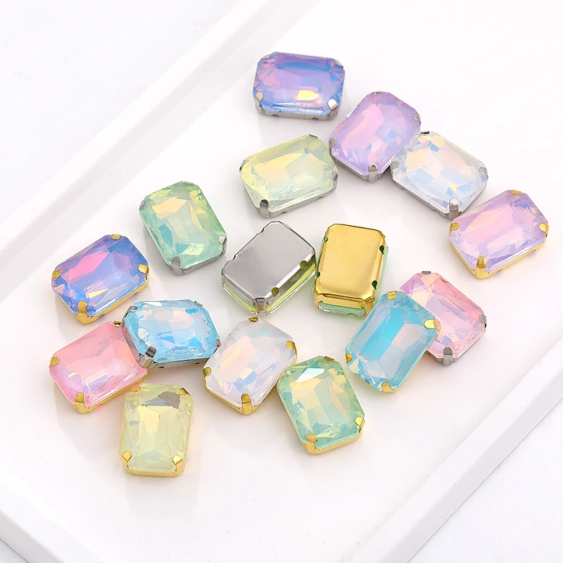 10Pcs Sewn Opal Rhinestones 13x18mm Rectangle Shape Glitter Glass Metal Claw for Sewing Beads Clothes DIY Crafts Accessorie