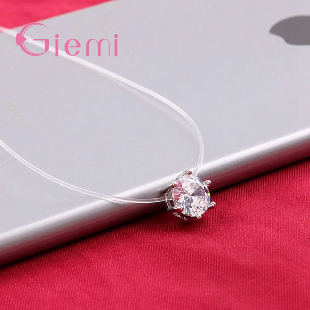 Classic 925 Sterling Silver Six Claws Crystal Cubic Zircon Fishing Line Necklaces for Women Girls Anniversary Party Jewelry Gift
