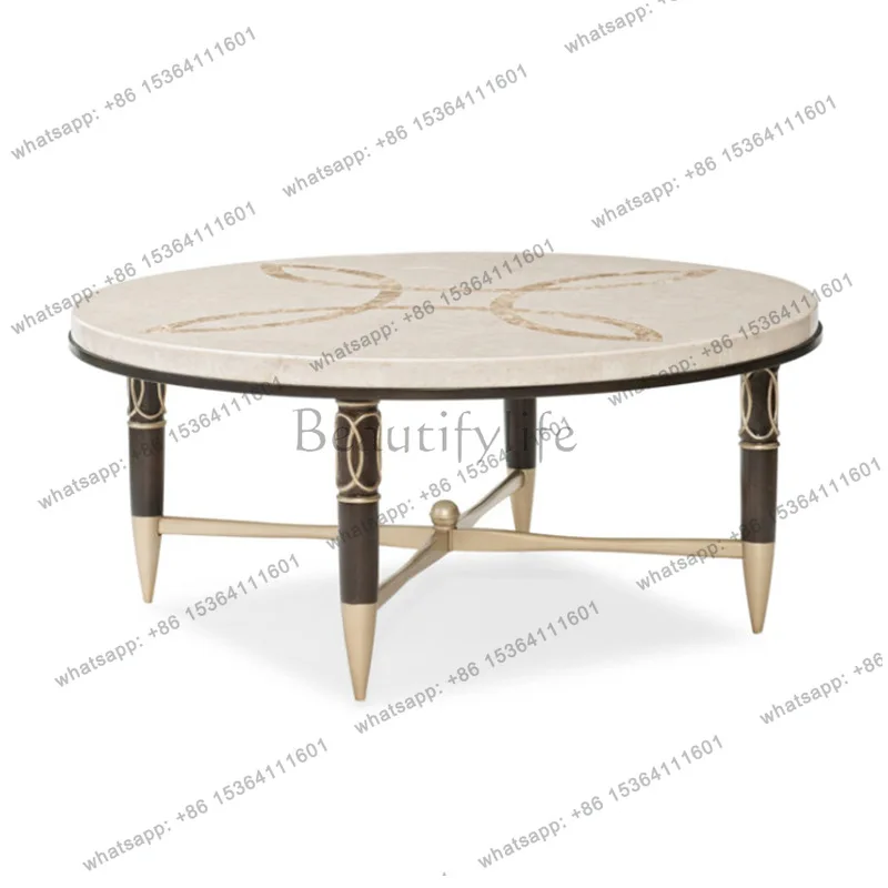 

American light luxury marble round coffee table living room solid wood French gold-painted coffee table