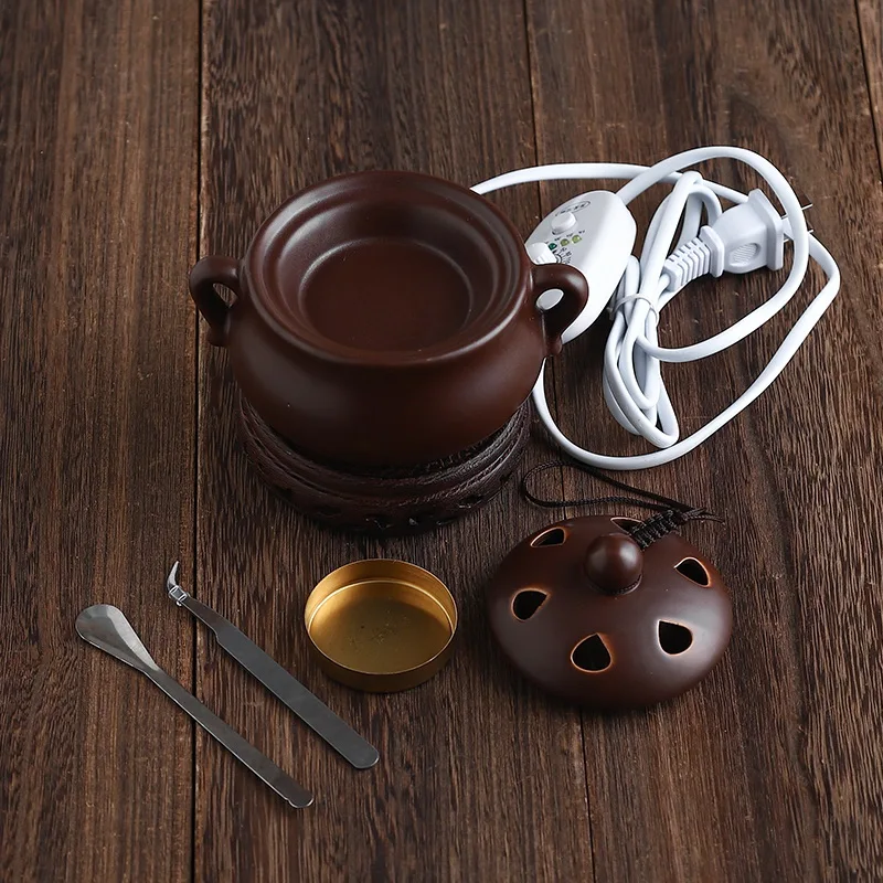Brown 110v/220v Timed Electric Sandawood Incense Burner 80°-250° Plug-in OUDH Powder Essential Oil Aroma Diffuser Fragrant Stove