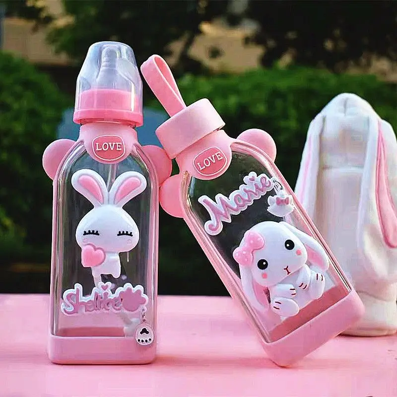 Kawaii Hello Kitty Baby Bottle Anime Cartoon Student Portable Pacifier Straw Water Glass Girl Household Dual Use Square Cup Gift