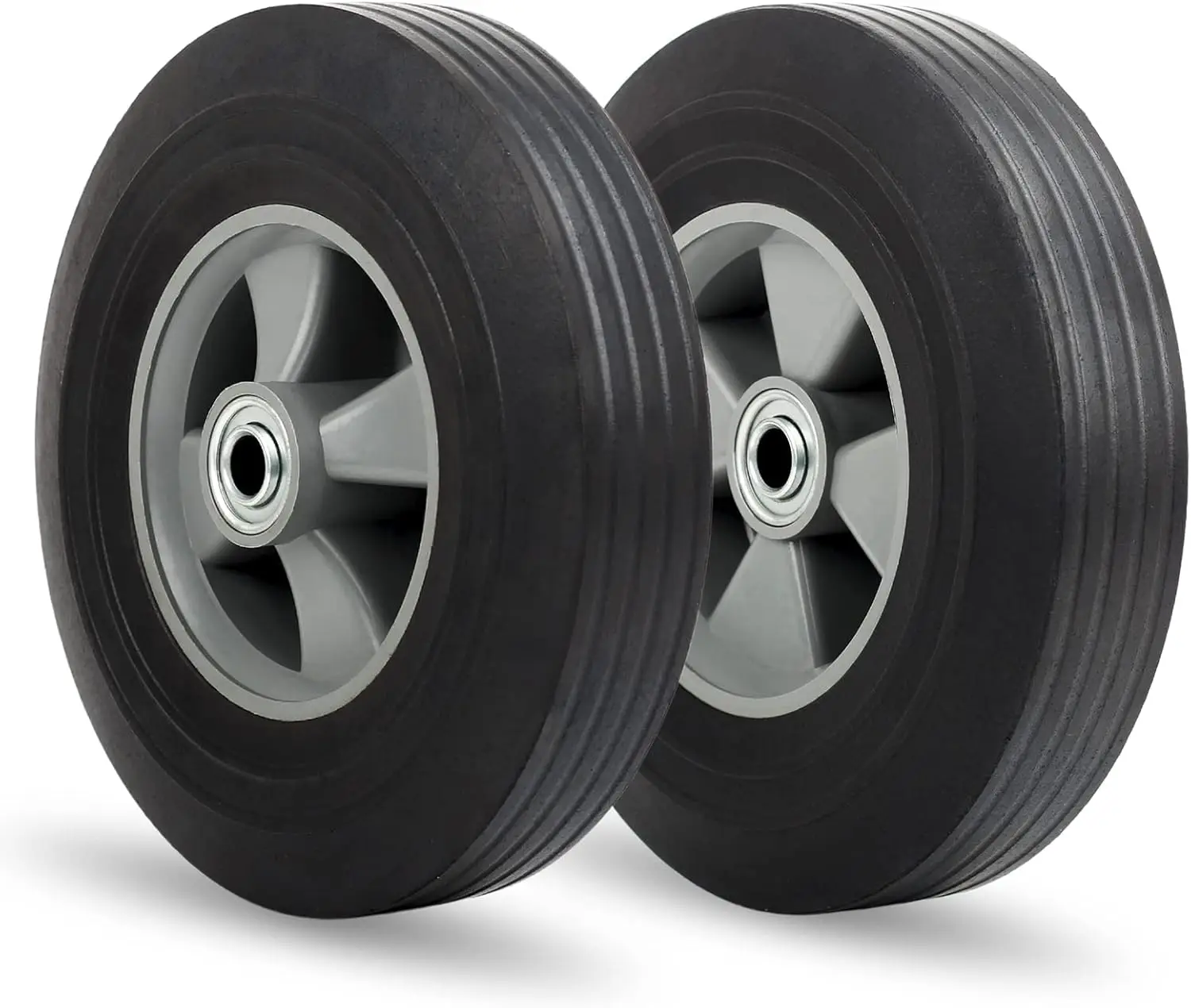 

10" x 2.5" Flat-Free Solid Rubber Tire & Wheel, 5/8" Axle, 2 1/4" Offset Hub, Replacement for Hand Truck Dolly Cart Wagon - 2 Pack