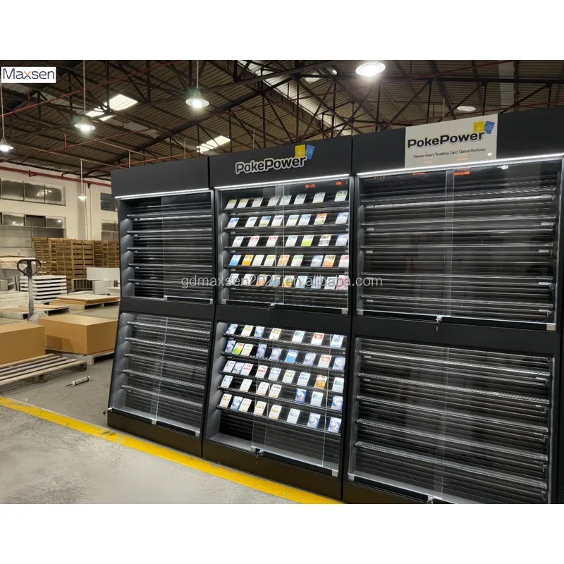 custom.Maxsen High Quality Multi-Tier Slanted LED Custom Color Trading Card Display Lockable Black Collectible Gamin
