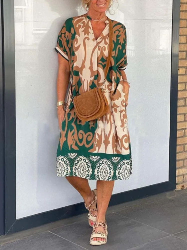 Women's Short-sleeve New V-neck Print Casual Dress Summer Fashion Elegant Office Party Holiday Women Clothes Dresses Robe Femme