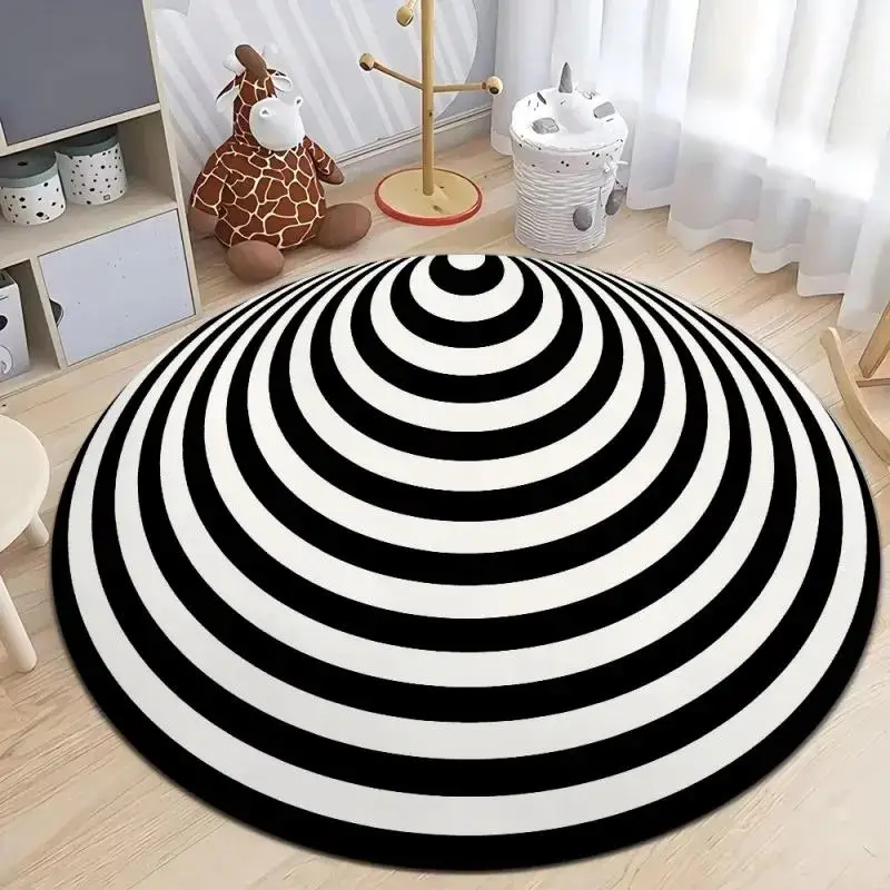 2D Illusion Round Carpet Living Room Large Rug Vortex Geometric Black White Area Rugs Bedroom Floor Mat