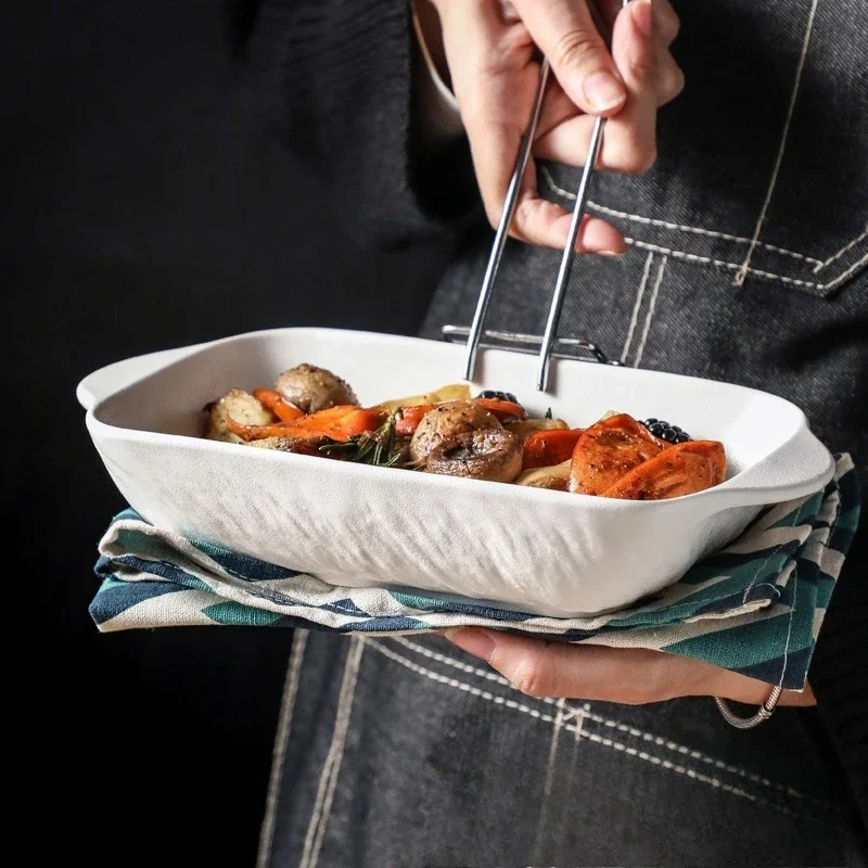 Cuenco de cerámica para hornear arroz al horno con queso de alta temperatura, cuenco para hornear binaural