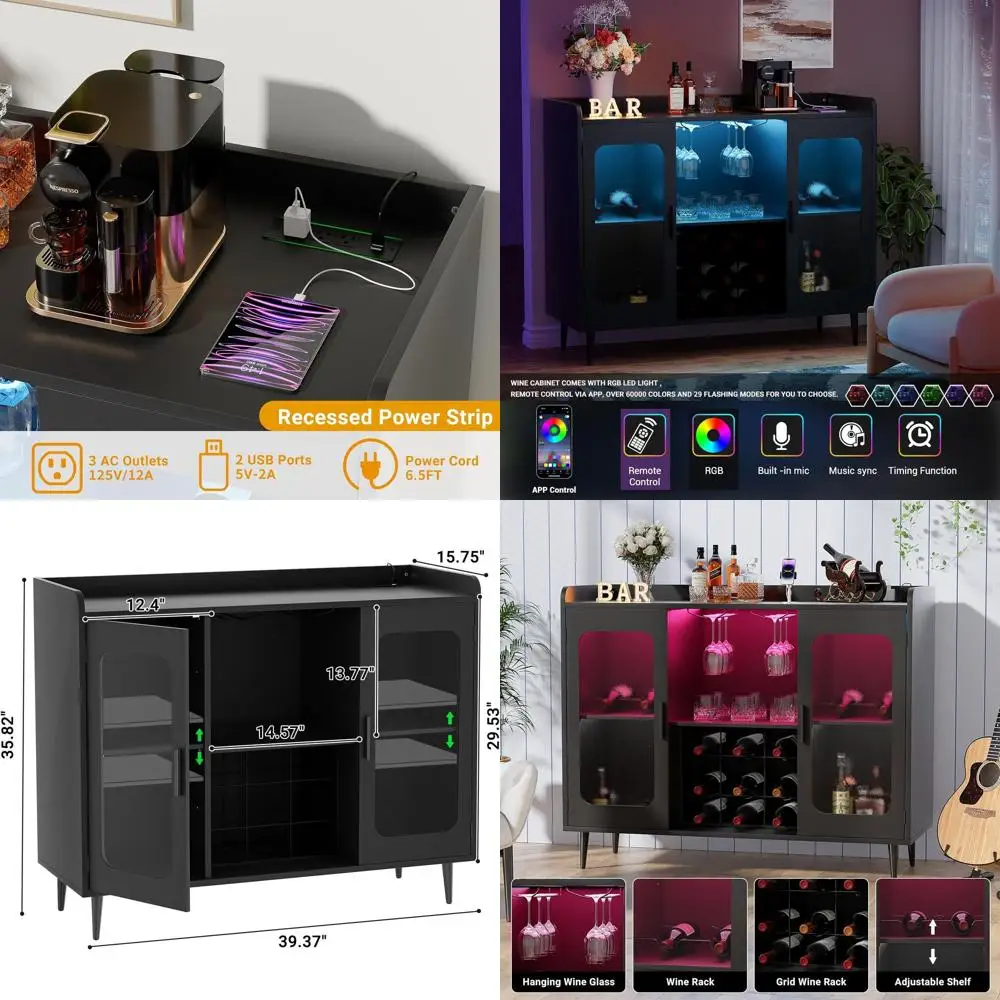

Светящийся шкаф для вина и алкоголя с розеткой, полками для хранения, для кухни или столовой, черный