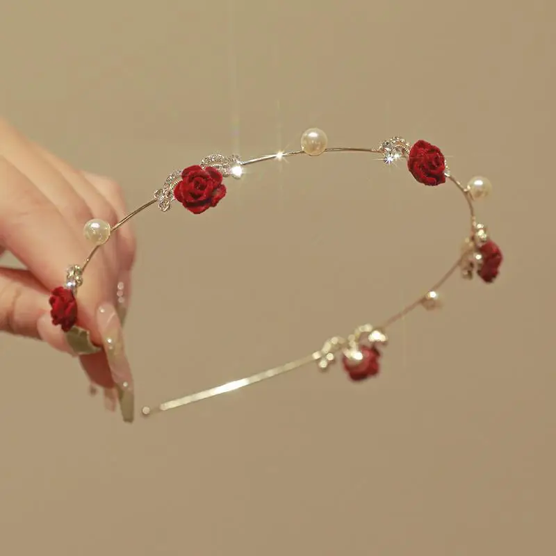 Diademas DE BODA romántica para mujer, aros para el pelo con rosas rojas, diademas finas de flores de Metal de lujo, tocado, venta al por mayor, 2023