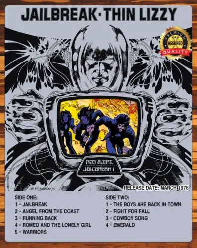 Тонкая Лиззи-джейлбрейк-выпущенная в марте 1976 года-список треков-металлический знак