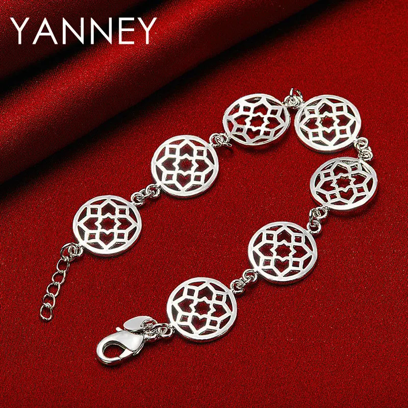 

New 925 Sterling Silver 8 Inches Round Flowers Bracelet For Women Charm Fashion Wedding Party Jewelry Girls Gifts