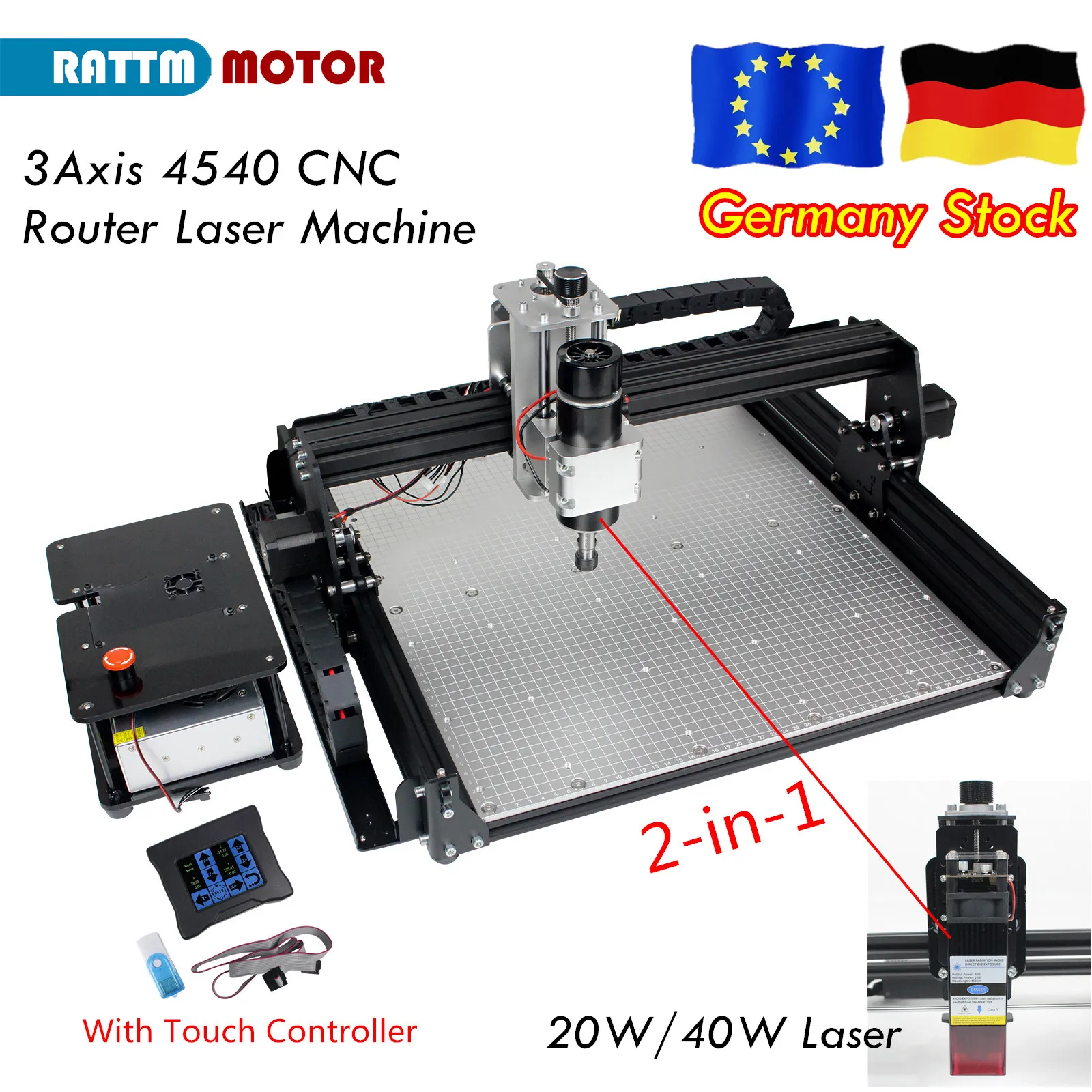 

【EU Stock】2-in-1 CNC 500W Spindle 4540 3 Axis Wood Router 20W 40W Laser Engraver PCB Milling Metal Acrylic DIY Engraving Machine