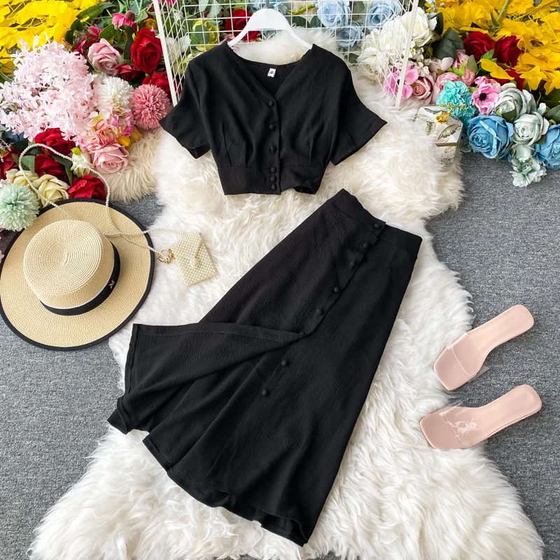 New Summer Women Casual Solid Skirts Suit Elegant Slim Crop Tops A-Line Saya 2 Pieces Set Female Fashion Party Night Outfits