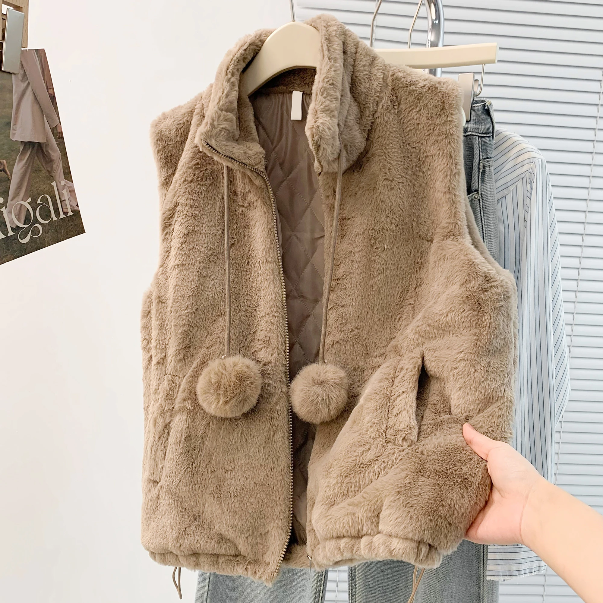 Warm Cotton Lined Lightweight Loose Fit Faux Fur Vest Inner Core Autumn Winter New Style Fashion Versatile Shoulder Coat