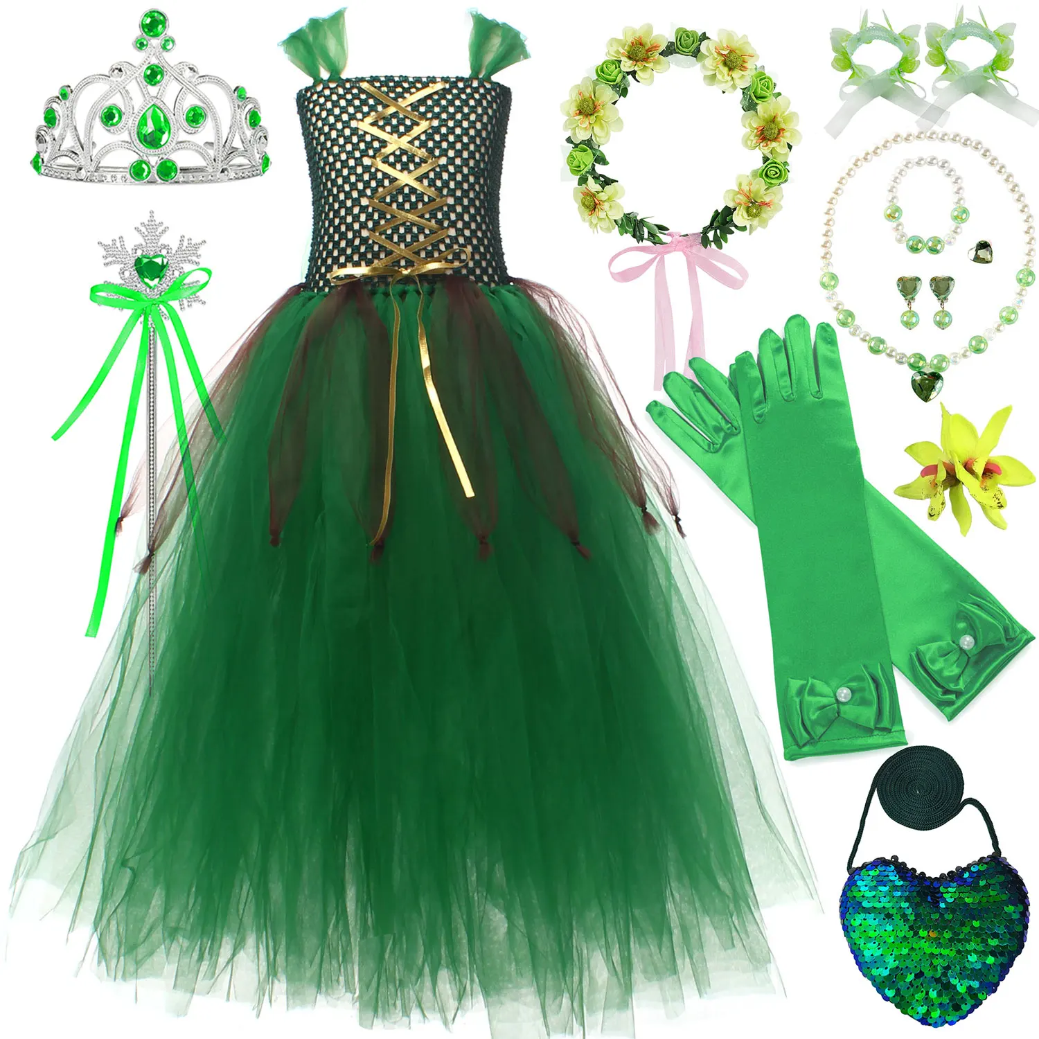 

2025 Halloween Christmas Festive Party Girls Cosplay Dark Green Elf Fairy Witch Puffy Lace Dress Children's Birthday Gift Set