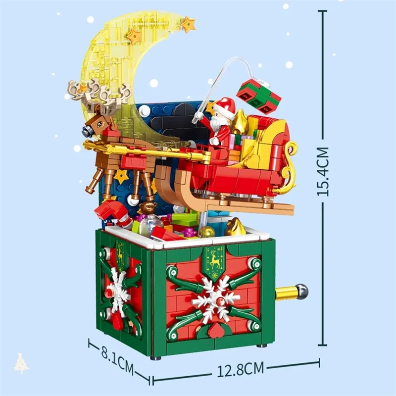 MOC Navidad Santa Claus trineo carro caja de música juego de bloques de construcción invierno nieve hielo árbol casa DIY juguetes para niños regalos de navidad