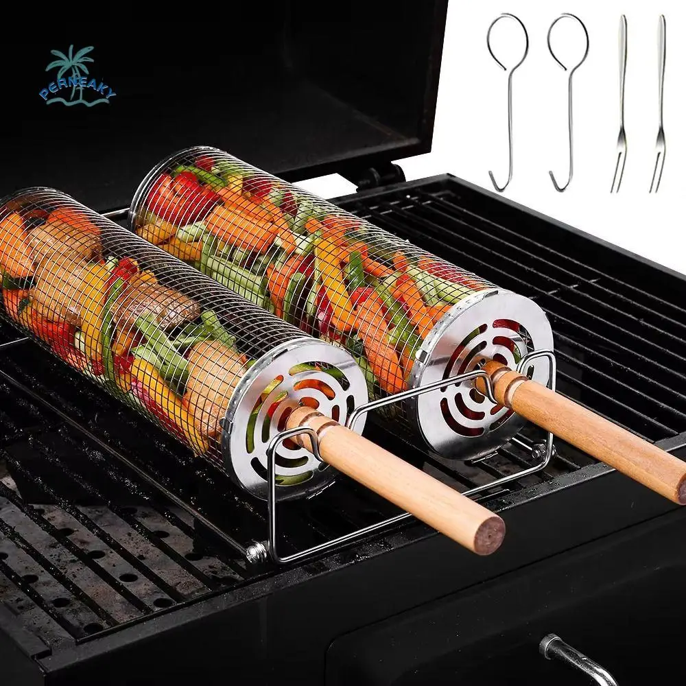 Removable Grill Mesh Baskets Kit Wooden Handle Scald Proof Outdoor Grill Set 2 Forks Non Stick Rolling Grill Basket with Stand